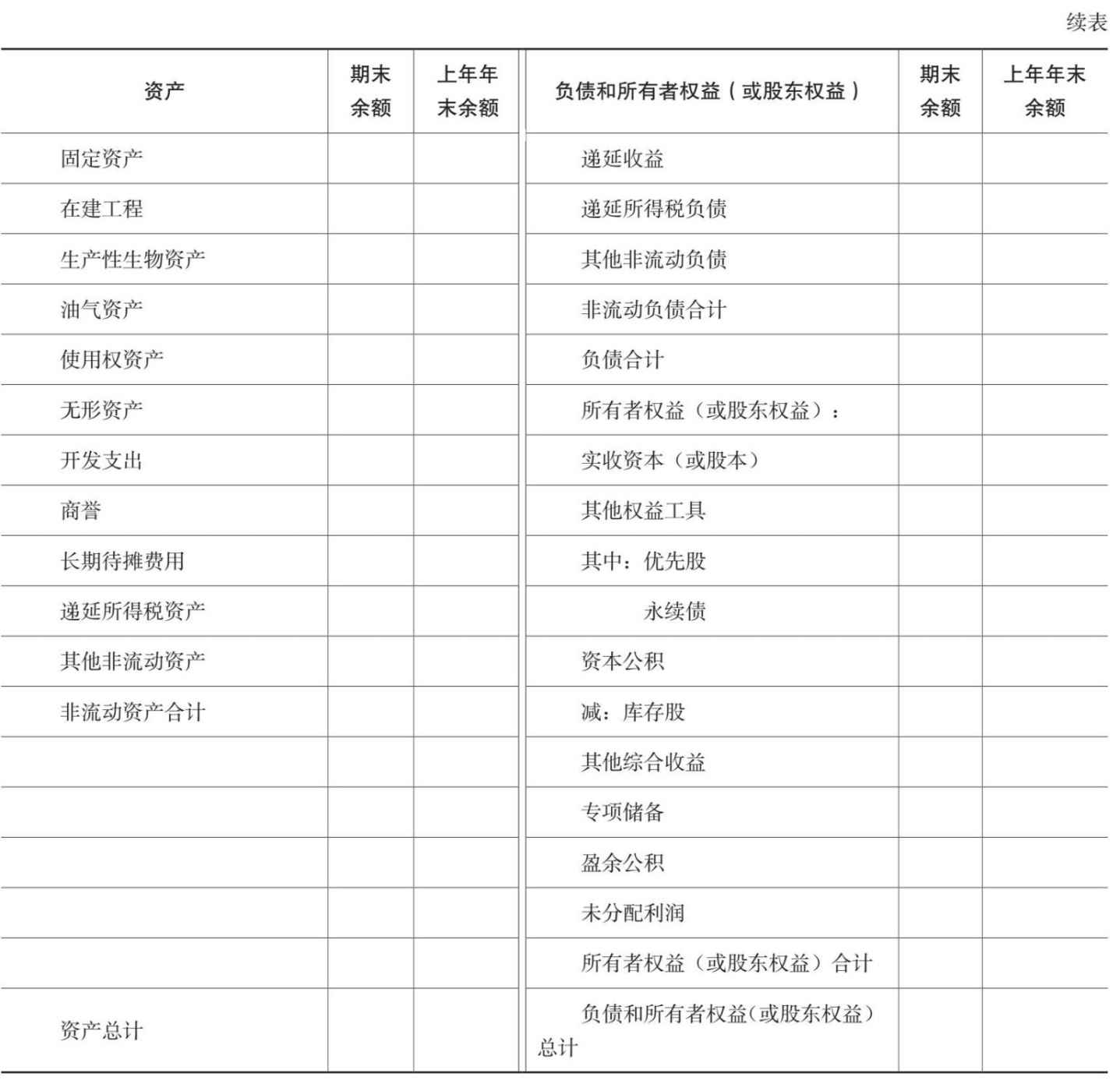 资产负债表续表