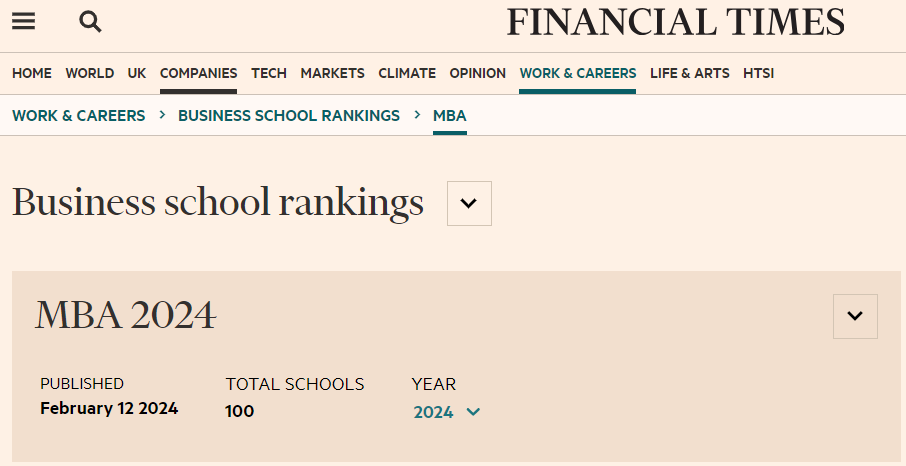 2024年《金融时报》全球mba排名